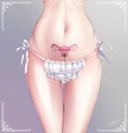  1girl border close-up commentary dated gradient gradient_background grey_background highres lace lace_panties layered_panties legs_together lower_body narrow_waist navel original panties pubic_tattoo ribbon side-tie_panties signature solo stomach tattoo thigh_gap thighs underwear underwear_only white_border white_panties white_ribbon yanlan_feixue 
