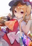  1girl absurdly_long_hair absurdres alternate_hair_length alternate_hairstyle ascot bangs blonde_hair blurry blush bow crystal depth_of_field eyebrows_visible_through_hair fang flandre_scarlet frills hair_between_eyes hair_flowing_over hat hat_bow hat_ribbon highres kappa_mame light_smile long_hair looking_at_viewer mob_cap nail_polish one_side_up parted_lips pointy_ears puffy_short_sleeves puffy_sleeves red_eyes red_skirt red_vest ribbon shirt short_sleeves skirt skirt_set solo thighhighs touhou very_long_hair vest white_headwear white_shirt wings 