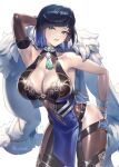  1girl arm_behind_head arm_up armpits asymmetrical_gloves bangs bare_shoulders black_gloves black_hair blue_background blue_hair blunt_bangs breasts cleavage commentary_request cowboy_shot cuboon elbow_gloves genshin_impact gloves gradient gradient_hair green_eyes large_breasts mismatched_gloves multicolored_hair short_hair simple_background sleeveless solo standing thighs white_background yelan_(genshin_impact) 