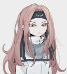  1girl black_headband capelet enein_rundall eyebrows_visible_through_hair eyes_visible_through_hair hair_intakes headband jacket long_hair long_sleeves no_nose nu_(qjqmfqjqmf02) pink_hair saibou_shinkyoku sketch solo turtleneck turtleneck_jacket white_background white_capelet white_jacket yellow_eyes zipper zipper_pull_tab 