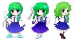  1girl aqua_footwear blue_footwear blue_skirt boots brown_footwear chibi collared_shirt curly_hair dual_persona frog_hair_ornament gohei green_eyes green_hair hair_ornament hair_tubes highres kochiya_sanae long_hair nontraditional_miko rei_(tonbo0430) shirt shoes skirt sleeveless sleeveless_shirt smile snake_hair_ornament socks solo touhou white_shirt yellow_eyes 