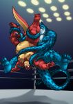  2022 anthro balls belly big_belly blue_body bound duo erection fighting_ring genitals hi_res humanoid_hands male markwulfgar monster moobs nipples overweight overweight_male penis red_body rumble_(movie) steve_(rumble) tentacles tentacular_(rumble) wrestling 