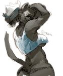  2016 anthro bare_shoulders biped black_body black_eyes black_fur black_hair breasts butt clothed clothing crop_top cropped_tank_top dark_body dark_eyes dark_fur dark_hair digital_media_(artwork) domestic_cat felid feline felis female fur hair kemono long_hair looking_back mammal medium_breasts monotone_body monotone_fur monotone_hair panties portrait raised_arms raised_tail shirt simple_background solo tank_top teteteko three-quarter_portrait topwear under_boob underwear white_background white_clothing white_shirt white_tank_top white_topwear 