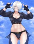  1girl angel_(kof) ass_visible_through_thighs blue_eyes boots breasts chaps cleavage cropped_jacket fingerless_gloves gloves hair_over_one_eye highres jacket large_breasts leather leather_jacket looking_at_viewer midriff navel panties short_hair sky smile solo the_king_of_fighters the_king_of_fighters_xv underwear white_hair yukimune 
