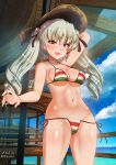  1girl anchovy_(girls_und_panzer) aquaegg bikini blush breasts cameltoe cleavage collarbone drill_hair eyebrows_visible_through_hair girls_und_panzer green_hair hair_ribbon hat highres italian_flag_bikini large_breasts long_hair looking_at_viewer navel open_mouth outdoors red_eyes ribbon shiny shiny_hair side-tie_bikini smile solo straw_hat striped striped_bikini swimsuit 