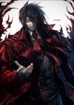  1boy alucard_(hellsing) artist_name bangs black_hair black_pants black_vest buttons cowboy_shot double-breasted gloves glowing glowing_eyes grey_gloves grin hellsing jacket k-suwabe long_hair long_sleeves necktie pants red_eyes red_jacket red_necktie smile solo teeth vest 