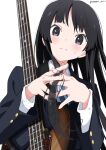  1girl absurdres akiyama_mio artist_name bangs bass_guitar black_eyes black_hair blazer blue_jacket blue_ribbon blunt_bangs blush commentary_request eyebrows_visible_through_hair guitar highres hime_cut holding holding_instrument instrument jacket k-on! long_hair long_sleeves looking_at_viewer neck_ribbon ribbon sakuragaoka_high_school_uniform school_uniform sidelocks simple_background solo twitter_username upper_body watermark white_background white_gorilla_(okamoto) 