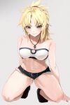  1girl absurdres bare_shoulders belt belt_buckle black_belt blonde_hair breasts buckle cleavage collarbone eyebrows_visible_through_hair fate/apocrypha fate_(series) green_eyes highres jewelry kataku_musou kneeling long_hair looking_at_viewer midriff mordred_(fate) mordred_(fate/apocrypha) navel necklace necktie red_scrunchie scrunchie shorts solo strapless thighs tube_top 