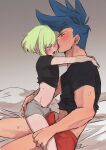 2boys androgynous aus_vaka black_shirt blue_eyes blue_hair blush bulge galo_thymos green_hair grey_male_underwear hand_on_another&#039;s_ass hand_on_another&#039;s_leg highres licking licking_another&#039;s_face lio_fotia male_focus male_underwear mohawk multiple_boys open_mouth promare red_male_underwear shirt short_hair sidecut sidelocks sitting size_difference spiked_hair straddling sweat underwear yaoi 