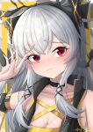  1girl absurdres arknights bangs bare_shoulders black_choker blush choker commentary_request criss-cross_halter eyebrows_visible_through_hair grey_hair halterneck highres long_hair looking_at_viewer orangeizumi red_eyes sidelocks solo upper_body weedy_(arknights) 