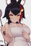  1girl animal_ear_fluff animal_ears apron black_hair blush breasts cleavage closed_mouth eyebrows_visible_through_hair grey_background hair_between_eyes hair_ornament heart highres holding holding_ladle hololive ladle large_breasts long_hair looking_at_viewer multicolored_hair naked_apron ookami_mio orange_eyes ponytail red_hair rose_neru simple_background smile solo streaked_hair tail upper_body virtual_youtuber white_apron wolf_ears wolf_girl wolf_tail 