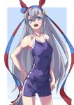  1girl absurdres animal_ears bangs bare_arms bare_shoulders blue_eyes breasts collarbone commentary ear_covers eyebrows_visible_through_hair grey_hair hair_between_eyes hairband hand_on_hip highres horse_ears long_hair looking_at_viewer open_mouth simple_background small_breasts solo tamamo_cross_(umamusume) tanabe_(fueisei) umamusume very_long_hair 