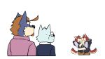  16:9 absurd_res anthro blue_body blue_fur brown_hair canid clothing eyes_closed eyewear fur glasses group hair hi_res hoodie humor kissing male male/male mammal ookanyoufeelit red_body red_fur selfcest simple_background square_crossover topwear white_background widescreen 