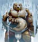  2022 anthro asian_clothing belly big_belly brown_body bulge clothing east_asian_clothing eyes_closed fundoshi hi_res japanese_clothing kakukaku kemono male mammal overweight overweight_male solo underwear ursid waterfall waterfall_shower white_clothing white_fundoshi white_underwear 