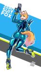  absurd_res anthro big_breasts blue_latex blue_rubber bodysuit breasts camel_toe canid canine canis clothing crossgender female fluffy fluffy_tail fox fox_mccloud fur glowing glowing_markings green_eyes happy hi_res high_heels holding_object holding_weapon jooshy latex latex_clothing looking_at_viewer mammal markings metroid mtf_crossgender nintendo nipple_outline on_one_leg one_leg_up open_mouth raised_leg ranged_weapon rubber rubber_clothing rubber_suit simple_background skinsuit solo standing star_fox text tight_clothing video_games weapon yellow_body yellow_fur zero_suit 