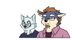  16:9 absurd_res anthro blue_body blue_fur brown_hair canid clothed clothing duo eyewear fur glasses hair hi_res humor male mammal ookanyoufeelit smile uncomfortable widescreen 