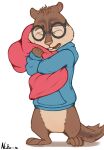  alvin_and_the_chipmunks anthro blue_clothing blue_sweater blue_topwear bodily_fluids chipmunk clothing eyewear fluffy fluffy_tail glasses ground_squirrel hi_res holding_object holding_pillow male mammal neko-me pillow rodent sciurid simon_seville solo sweater tears topwear 