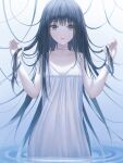  1girl absurdres bangs black_hair blue_eyes blunt_bangs choker commentary dress eyebrows_visible_through_hair facing_viewer hands_up highres holding holding_hair long_hair on_water original solo summer_uniform white_choker white_dress youngsok 