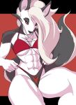  2022 abs anthro bikini bikini_bottom bikini_pull bikini_top canid canid_demon clothed clothing clothing_pull demon f_draws female front_view fur hair hellhound helluva_boss hi_res loona_(helluva_boss) mammal muscular muscular_anthro muscular_female portrait red_sclera solo swimwear swimwear_pull three-quarter_portrait white_body white_eyes white_fur white_hair 