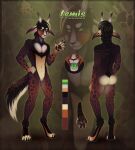 anthro black_body black_fur black_hair black_nose blonde_hair butt clockhands color_swatch crotch_tuft digitigrade ears_down front_view fur green_eyes green_sclera hair hand_on_hip hi_res horn male model_sheet mouth_closed mouth_shot multicolored_hair navel nude open_mouth pawpads pivoted_ears rear_view solo spots spotted_arms spotted_body spotted_fur spotted_legs tuft two_tone_hair waving_hand 