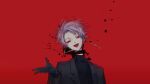  1boy :d black_blood black_sweater blood chairan decapitation gloves grey_gloves grey_jacket highres jacket long_sleeves narrowed_eyes open_clothes open_jacket outstretched_hand purple_hair red_background red_eyes saibou_shinkyoku short_hair smile solo suit_jacket sweater theodore_riddle turtleneck turtleneck_sweater 