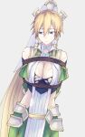  1girl arms_behind_back bare_shoulders blonde_hair bound braid breasts captured cleavage cleavage_cutout clothing_cutout cuts green_eyes green_skirt hao718 highres injury large_breasts leafa leafa_(terraria) long_hair looking_away midriff ponytail rope skirt sword_art_online torn_clothes twin_braids very_long_hair 