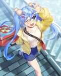  1girl :d absurdres blue_eyes blue_hair bow comiket_99 down_jacket gen_(gen_m_gen) hair_bow hatsune_miku highres jacket long_hair one_eye_closed open_mouth pom_pom_(clothes) shorts smile solo suitcase sweater twintails very_long_hair vocaloid 