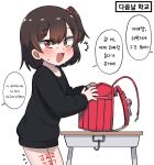  1girl backpack bag blush body_writing bottomless brown_hair child fang hair_between_eyes hair_ornament hairclip highres korean_text lakilolom original randoseru red_eyes short_hair side_ponytail sweat sweater tally translation_request white_background 