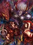  1boy breasts brown_hair closed_mouth colored_sclera exdeath final_fantasy final_fantasy_v horns kara_(color) long_hair looking_at_viewer monster multiple_girls navel neo_exdeath no_humans single_horn 