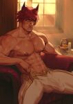  1boy abs absurdres animal_ears bara bulge cat_ears closed_mouth dreamplpe erection erection_under_clothes facial_hair highres large_pectorals league_of_legends male_focus muscular muscular_male navel nipples pants pectorals scar scar_on_face scar_on_nose sett_(league_of_legends) short_hair sitting solo stubble topless_male white_pants 