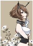  1girl arm_under_breasts bangs border breasts brown_background brown_hair closed_mouth finger_to_own_chin flower gloves green_eyes hair_between_eyes headgear kantai_collection large_breasts lips looking_at_viewer mutsu_(kancolle) shide_kouri short_hair simple_background sleeveless solo white_border white_flower white_gloves 