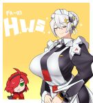  2girls altronage annoyed apron black_dress breasts char&#039;s_counterattack closed_eyes dress green_eyes grey_hair gundam hair_bun hair_over_one_eye highres large_breasts maid_apron maid_headdress multiple_girls nu_gundam nu_gundam_hws personification red_hair sazabi smile yellow_background 