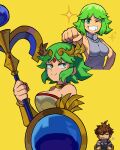  1boy 1girl absurdres alternate_hairstyle bangs bare_shoulders blush breasts brown_hair circlet cleavage dress english_text gem gold green_eyes green_hair highres jewelry kid_icarus kid_icarus_uprising large_breasts laurel_crown looking_at_viewer looking_to_the_side multiple_views neck_ring necklace one_eye_closed palutena parted_bangs pit_(kid_icarus) rising_(risingacetrainer) shield short_hair sideboob sigh simple_background smile solo sparkle staff sweater tiara turtleneck turtleneck_sweater v-shaped_eyebrows yellow_background 
