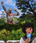  1girl black_hair blue_sky cable cloud cloudy_sky copyright_request food forest highres minahamu nature open_mouth outdoors popsicle short_hair size_difference sky tree ultraman 