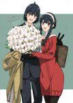  1boy 1girl :d ahoge bangs black_gloves black_jacket black_pants blush bouquet briefcase brother_and_sister coat collarbone crpk1119 dress earrings gloves hairband holding holding_bouquet jacket jewelry off-shoulder_dress off_shoulder open_mouth outside_border pants pantyhose red_eyes red_sweater short_hair_with_long_locks siblings sidelocks simple_background smile spy_x_family sweater sweater_dress twitter_username white_hairband yor_briar yuri_briar 