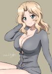  1girl artist_name blonde_hair blue_eyes breasts bukkuri bursting_breasts cleavage closed_mouth dated girls_und_panzer grey_shirt greyscale hair_intakes hand_in_own_hair kay_(girls_und_panzer) large_breasts long_hair long_sleeves looking_at_viewer monochrome no_pants shirt signature sitting smile solo 