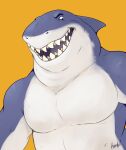  anthro clothed clothing dreamworks fangs fish galehowl great_white_shark grey_body lamnid lamniform male marine mr._shark_(the_bad_guys) muscular muscular_male pecs shark simple_background solo teeth the_bad_guys topless 