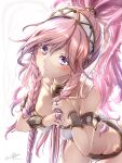  1girl absurdres artist_name bare_shoulders blush bracelet breasts clear_glass_(mildmild1311) cleavage collar collarbone dancer eyebrows_visible_through_hair fire_emblem fire_emblem_awakening groin hairband highres jewelry leaning_forward long_hair looking_at_viewer medium_breasts midriff navel olivia_(fire_emblem) pink_hair ponytail purple_eyes revealing_clothes signature simple_background smile solo very_long_hair white_background white_hairband wrist_cuffs wristband 