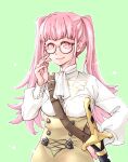  alternate_costume bangs breasts ebi_puri_(ebi-ebi) fire_emblem garreg_mach_monastery_uniform glasses hilda_valentine_goneril leather_strap medium_breasts pink_eyes pink_hair solo sword twintails upper_body weapon 