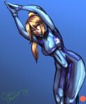  1girl arms_up artist_name bangs blonde_hair blue_bodysuit blue_eyes blush bodysuit breasts cedric_dewitt english_commentary feet_out_of_frame highres large_breasts long_hair looking_at_viewer metroid own_hands_together parted_lips patreon_logo ponytail samus_aran sidelocks skin_tight solo teeth zero_suit 