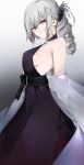  1girl absurdres an-94_(girls&#039;_frontline) an-94_(silent_rouge)_(girls&#039;_frontline) aqua_eyes arms_behind_back bangs belt black_belt black_dress breasts closed_mouth dress drill_ponytail eyebrows_visible_through_hair from_side girls&#039;_frontline grey_background grey_hair hair_ornament hairclip highres long_hair looking_at_viewer official_alternate_costume pz-15 sideboob small_breasts solo standing veil 