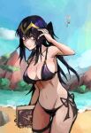  adjusting_hair balloon beach bikini black_bikini black_hair book breasts cleavage closed_mouth fire_emblem fire_emblem_awakening highres mountainous_horizon navel outdoors purple_eyes saiykik side-tie_bikini side-tie_bottom sketch sky swimsuit tharja_(fire_emblem) 