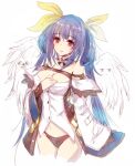  1girl bare_shoulders blue_hair breasts choker closed_mouth dizzy_(guilty_gear) guilty_gear hair_ribbon kara_(color) long_hair looking_at_viewer panties red_eyes ribbon simple_background smile solo twintails underwear white_background wings 