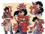  1boy ^_^ apron black_eyes black_getter black_hair chibi closed_eyes collarbone fuyutsuki_(fuyutututu) getter-1 getter_dragon getter_emperor getter_robo getter_robo_(1st_series) getter_robo_g hair_between_eyes head_tilt highres holding male_focus mecha multiple_views nagare_ryoma one_eye_closed overalls red_shirt shin_getter-1 shin_getter_robo shirt super_robot tail yellow_eyes 