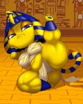  4:5 absurd_res animal_crossing ankha_(animal_crossing) anthro bandage belly ber00 big_breasts big_butt blue_hair bob_cut bored breasts butt chest_wraps digital_media_(artwork) domestic_cat egyptian fangs felid feline felis female fur hair hand_on_head hi_res huge_thighs inside lidded_eyes looking_at_viewer mammal markings muscular_legs navel nintendo on_ground potbelly raised_leg reclining resting restraints short_stack slightly_chubby solo spread_legs spreading striped_markings striped_tail stripes tail_markings thick_thighs uraeus video_games wraps yellow_body yellow_fur 