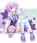  1girl caro-xy choker d-pad d-pad_hair_ornament dress eyebrows_visible_through_hair full_body hair_ornament happy headphones kami_jigen_game_neptune_v looking_at_viewer neptune_(neptune_series) neptune_(series) one_eye_closed purple_eyes purple_hair short_sleeves sidelocks smile solo striped striped_legwear thighhighs 