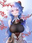  1girl :o artist_name autumn_leaves bangs bare_shoulders bell bodystocking breasts cowbell curled_horns detached_sleeves flower ganyu_(genshin_impact) genshin_impact goat_horns head_tilt highres horns large_breasts light_blue_hair long_hair looking_at_viewer open_mouth purple_eyes qiuci snowing solo standing vision_(genshin_impact) wavy_hair 