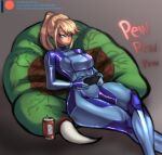  1girl bangs blonde_hair blue_bodysuit blue_eyes bodysuit breasts can cedric_dewitt closed_mouth controller english_commentary expressionless feet_out_of_frame game_controller gamepad highres holding holding_controller holding_game_controller large_breasts long_hair looking_ahead lying metroid mole mole_under_mouth patreon_logo ponytail samus_aran sidelocks skin_tight solo zero_suit 