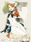  1girl :d alternate_hairstyle annette_fantine_dominic black_gloves blue_ribbon breasts cape cleavage cowboy_shot doku_gin1126 dress elbow_gloves fire_emblem fire_emblem:_three_houses fire_emblem_warriors:_three_hopes gloves highres long_sleeves looking_at_viewer medium_breasts official_alternate_costume open_mouth orange_cape orange_hair ribbon simple_background smile solo white_dress 