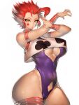  1girl ahoge armlet breasts card club_(shape) covered_navel curvy fumio_(rsqkr) genderswap genderswap_(mtf) highres hisoka_morow hunter_x_hunter large_breasts leotard looking_at_viewer navel playing_card pose purple_leotard red_hair spade_(shape) spiked_hair star_(symbol) tattoo teardrop teardrop_tattoo thick_thighs thighlet thighs white_background white_hair yellow_eyes 